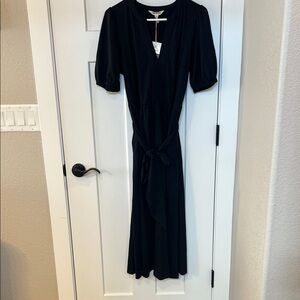 Boden Black Maxi Dress Size 10 NWT Cotton Tie Waist Short Sleeve